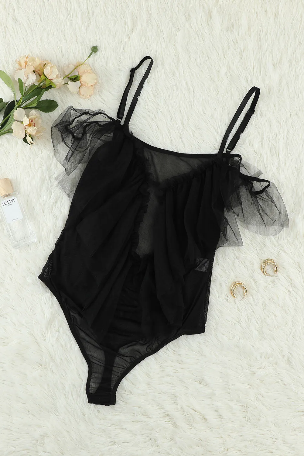 Black Tulle Mesh Thong Bodysuit