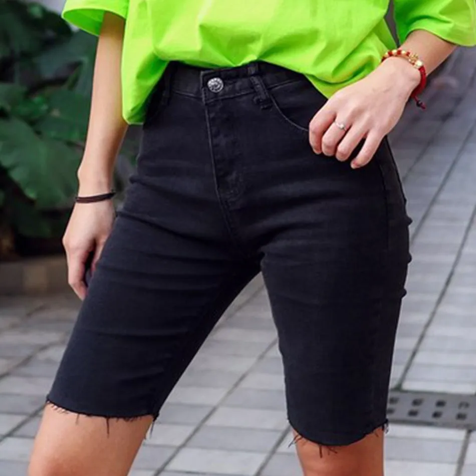 Black Zipper High Waist Knee Length Short Pants