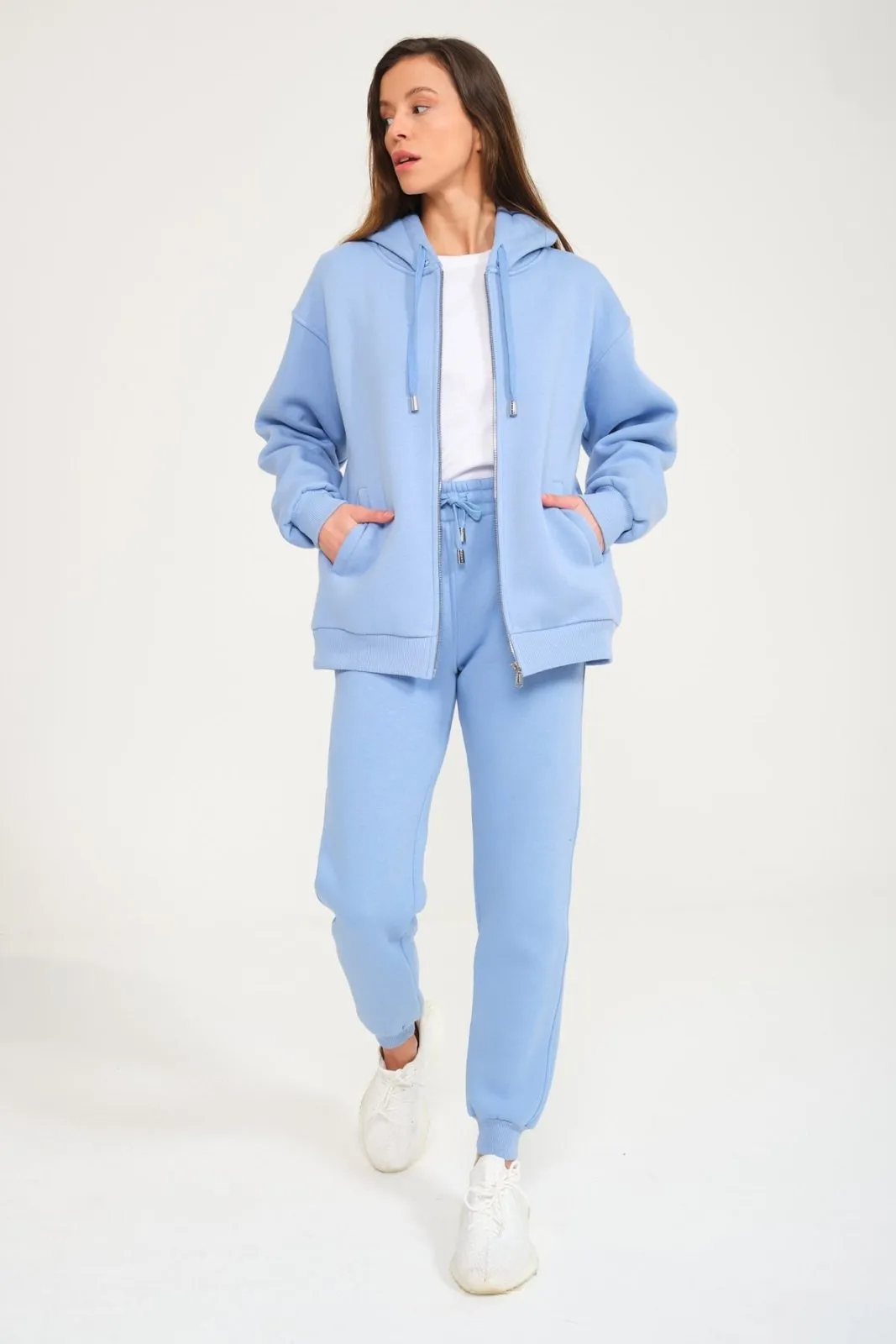 Blue Chinchilla Fur Zipped Hoodie & Jogger Set