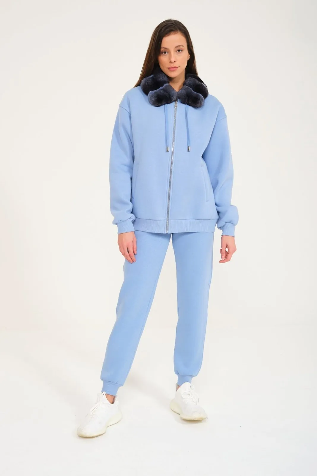 Blue Chinchilla Fur Zipped Hoodie & Jogger Set