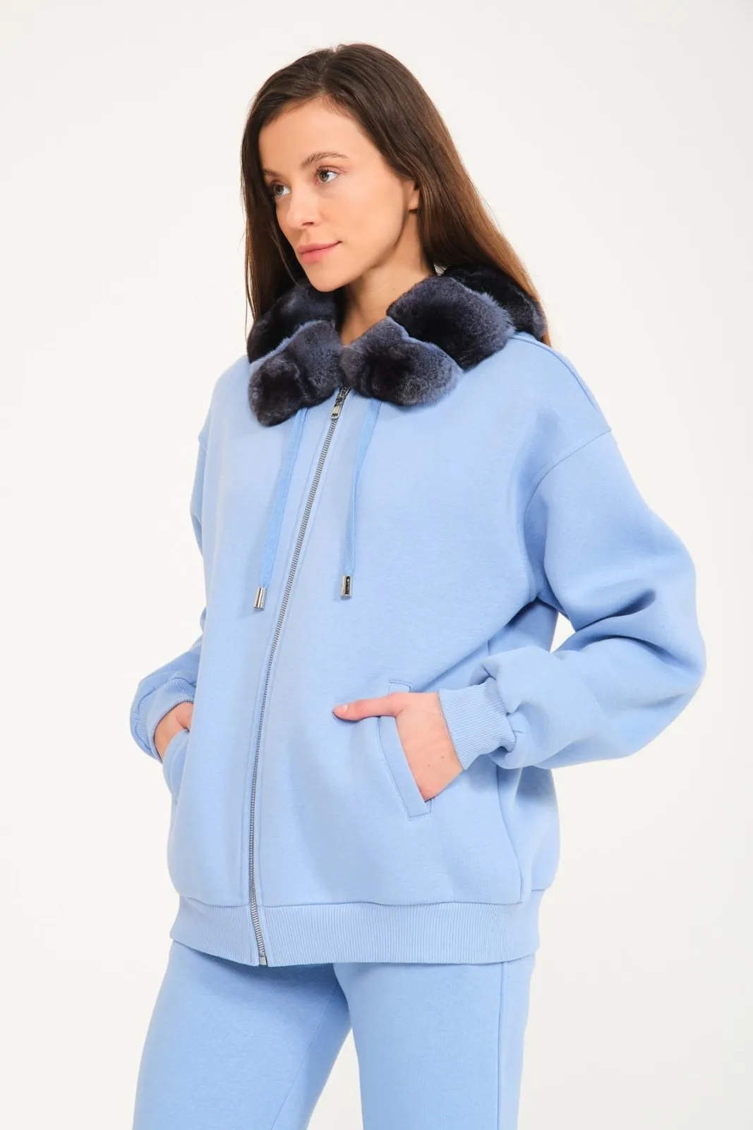 Blue Chinchilla Fur Zipped Hoodie & Jogger Set