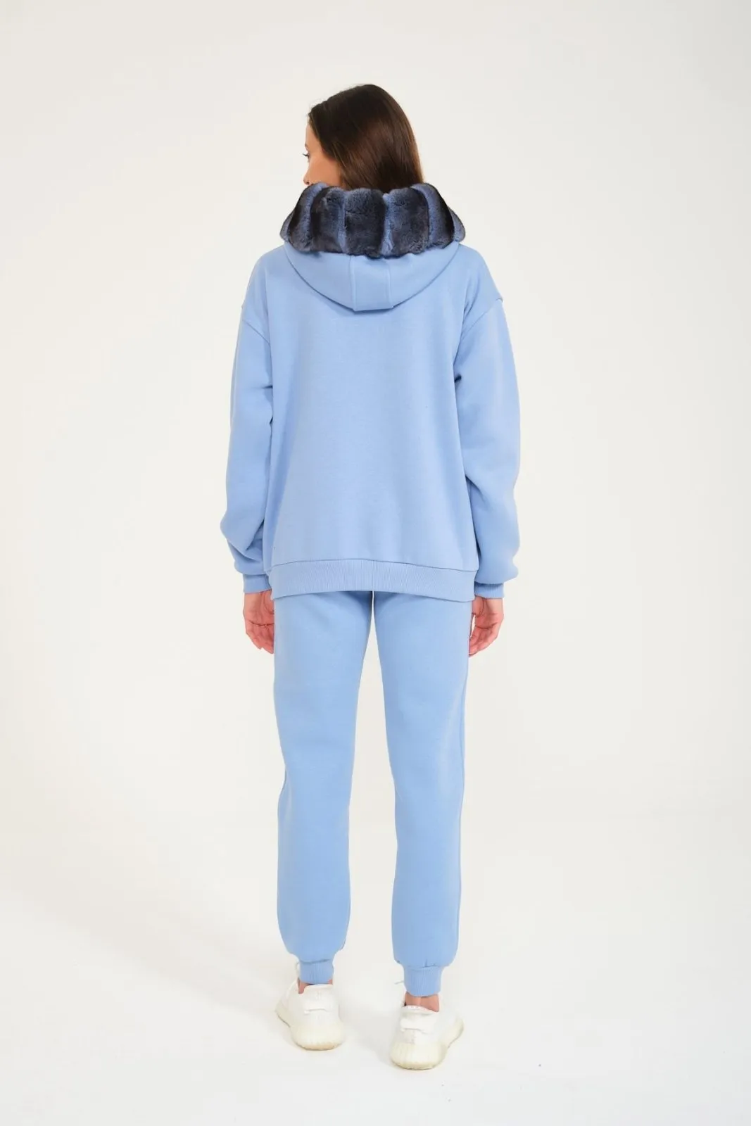 Blue Chinchilla Fur Zipped Hoodie & Jogger Set