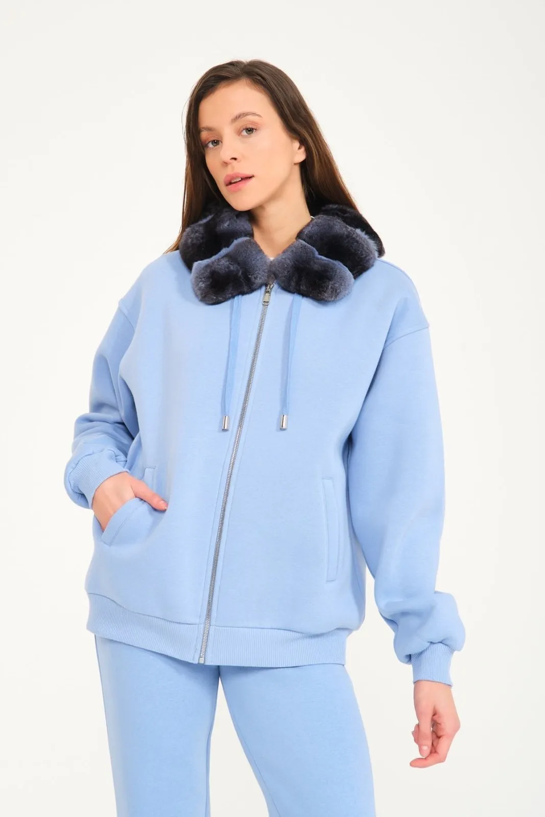 Blue Chinchilla Fur Zipped Hoodie & Jogger Set