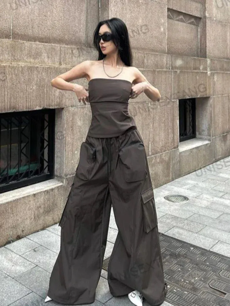 Bonnyshow Y2K Vintage Brown Cargo Pants Women Techwear Kpop High Waist Wide Leg Trousers Baggy Parachute Pants Korean Streetwear