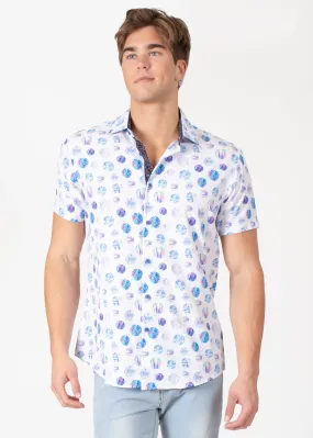 Button-Up Short Sleeve Dress Shirt with Circular Texture