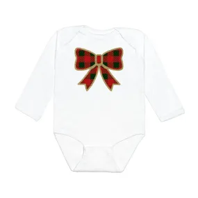 Christmas Plaid Bow Long Sleeve Bodysuit - White