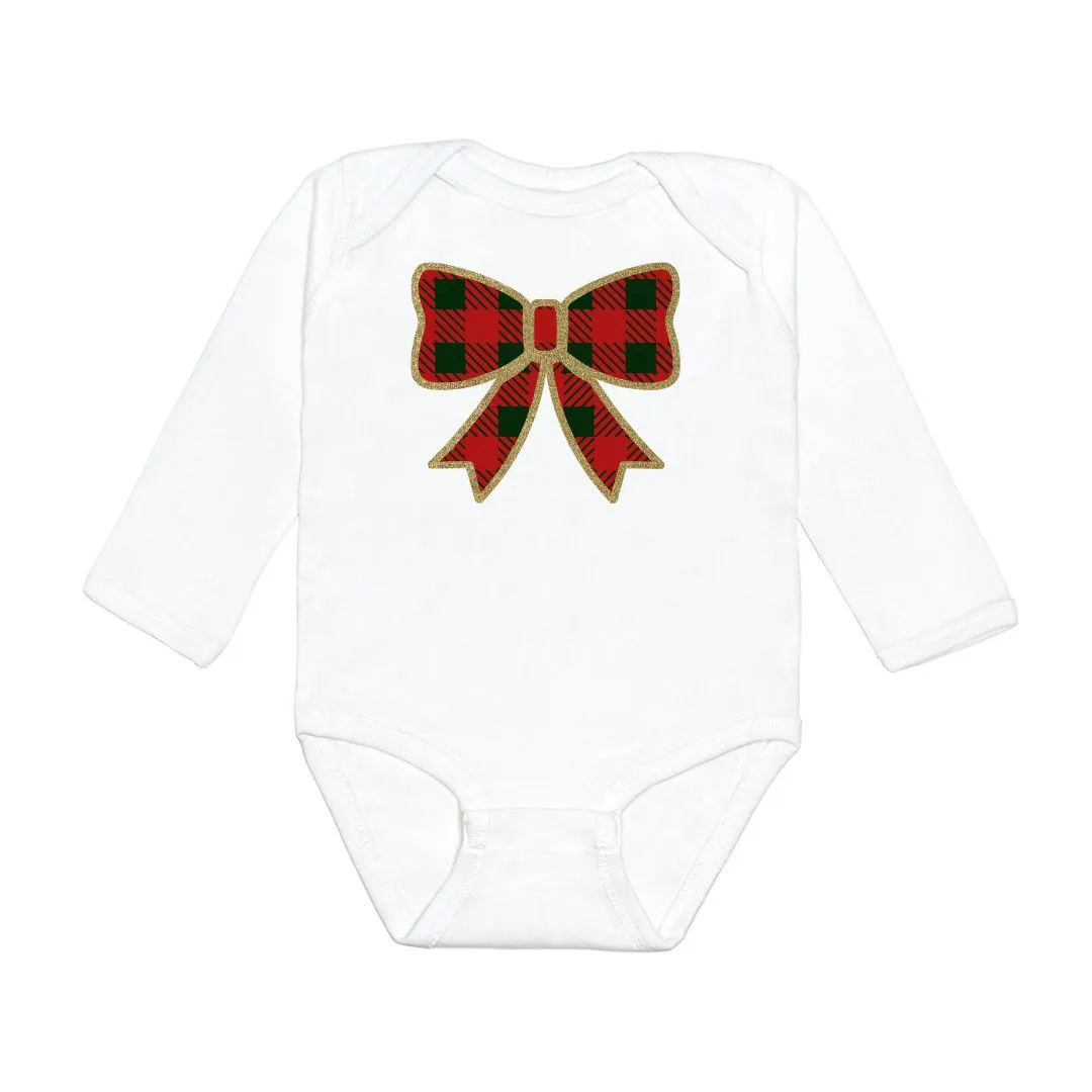 Christmas Plaid Bow Long Sleeve Bodysuit - White