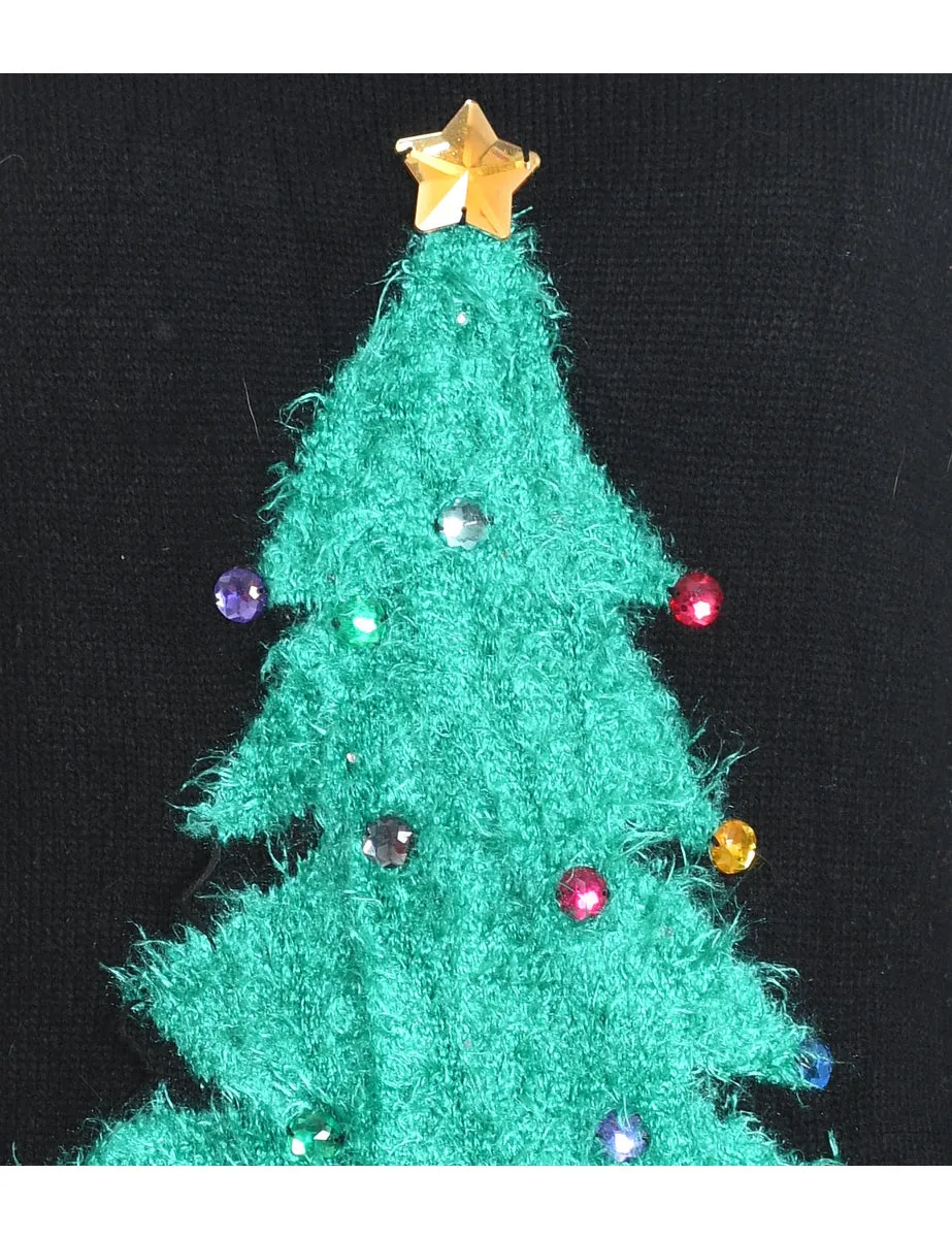 Christmas Tree Design Black Knit Jumper - L