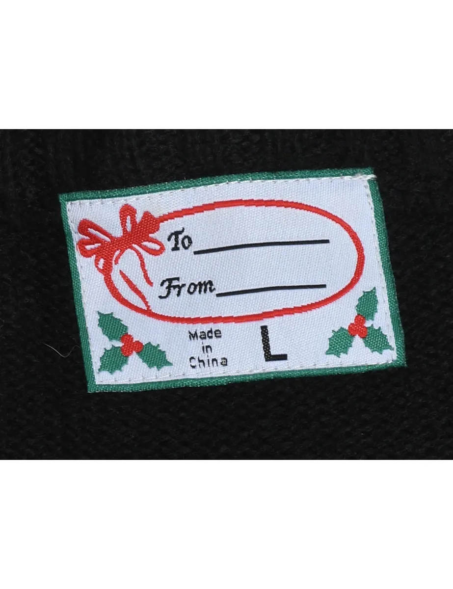 Christmas Tree Design Black Knit Jumper - L