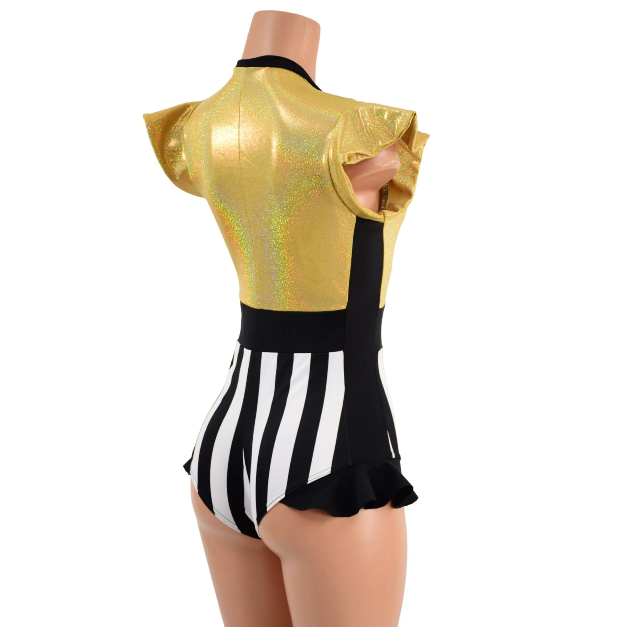 Circus Stripes and Gold Holographic Flip Sleeve Paneled Romper