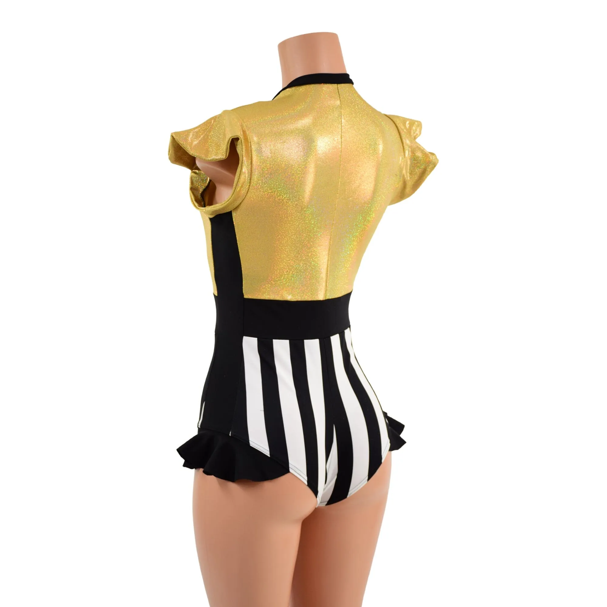 Circus Stripes and Gold Holographic Flip Sleeve Paneled Romper