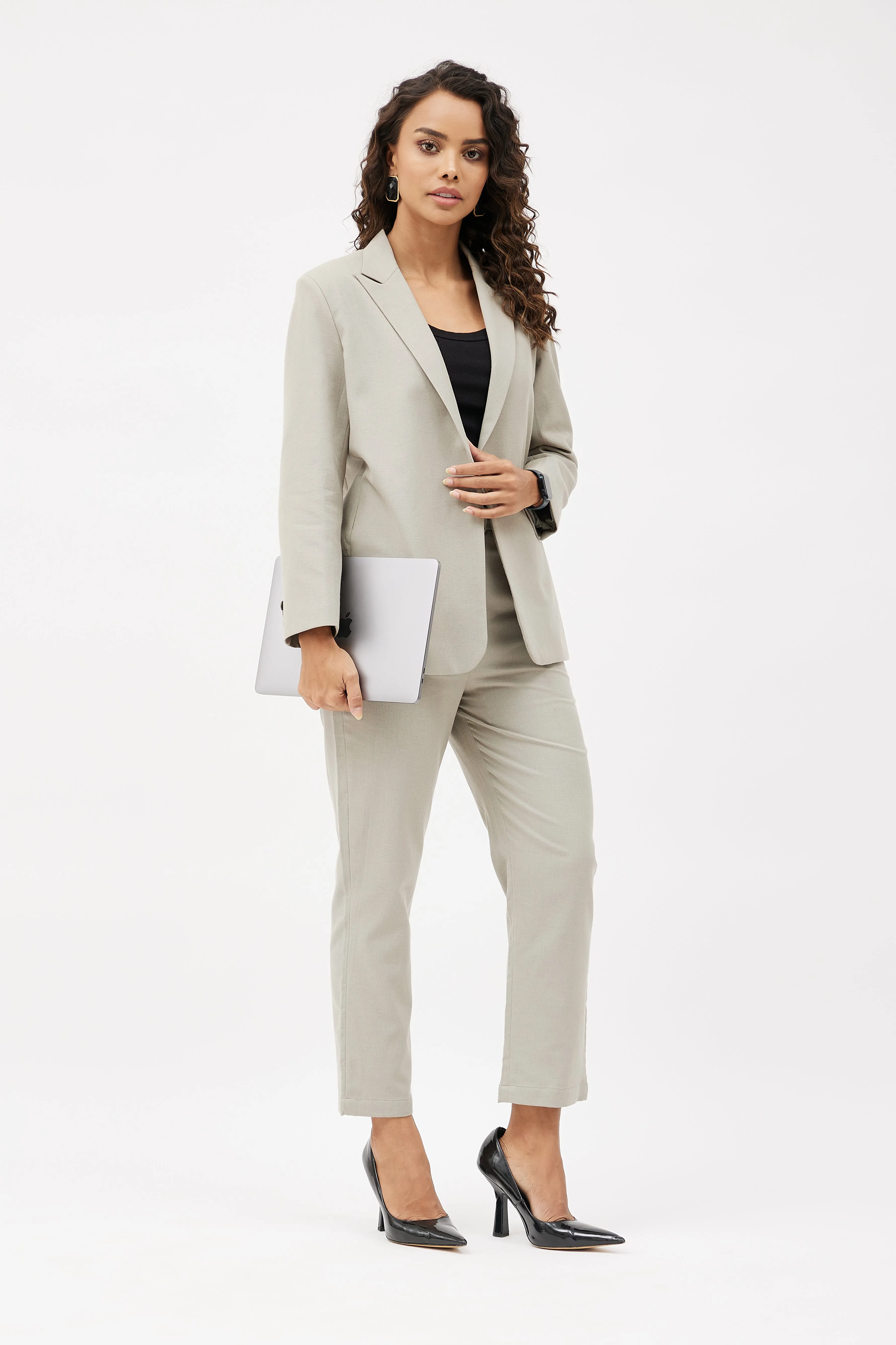 Classic Work Blazer & Trouser Women's Linen Pant Suit Set - Grey