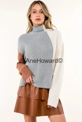 Color Block Cotton Turtleneck Sweater - CAMEL