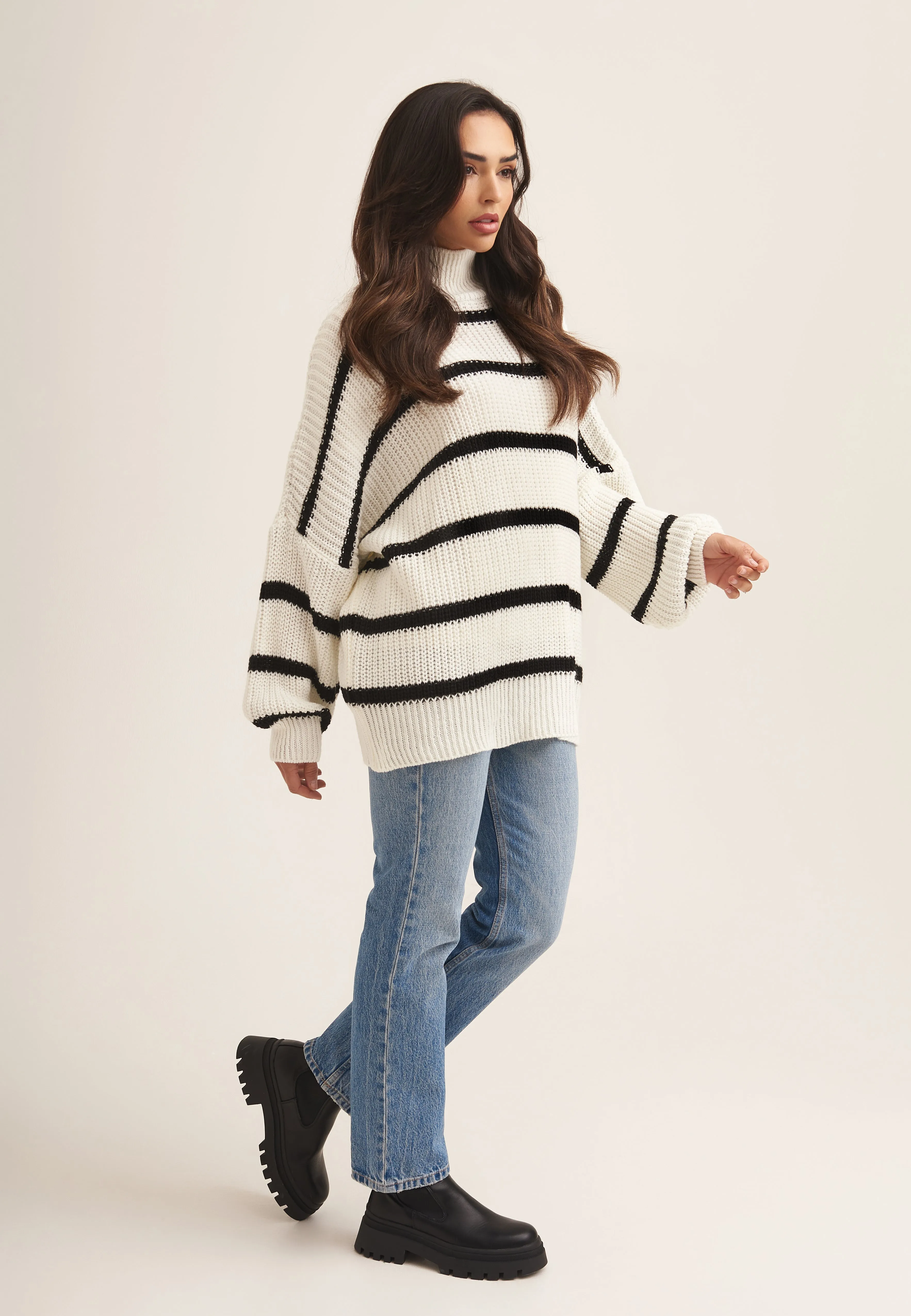 Cream Chunky Knit High Neck Jumper