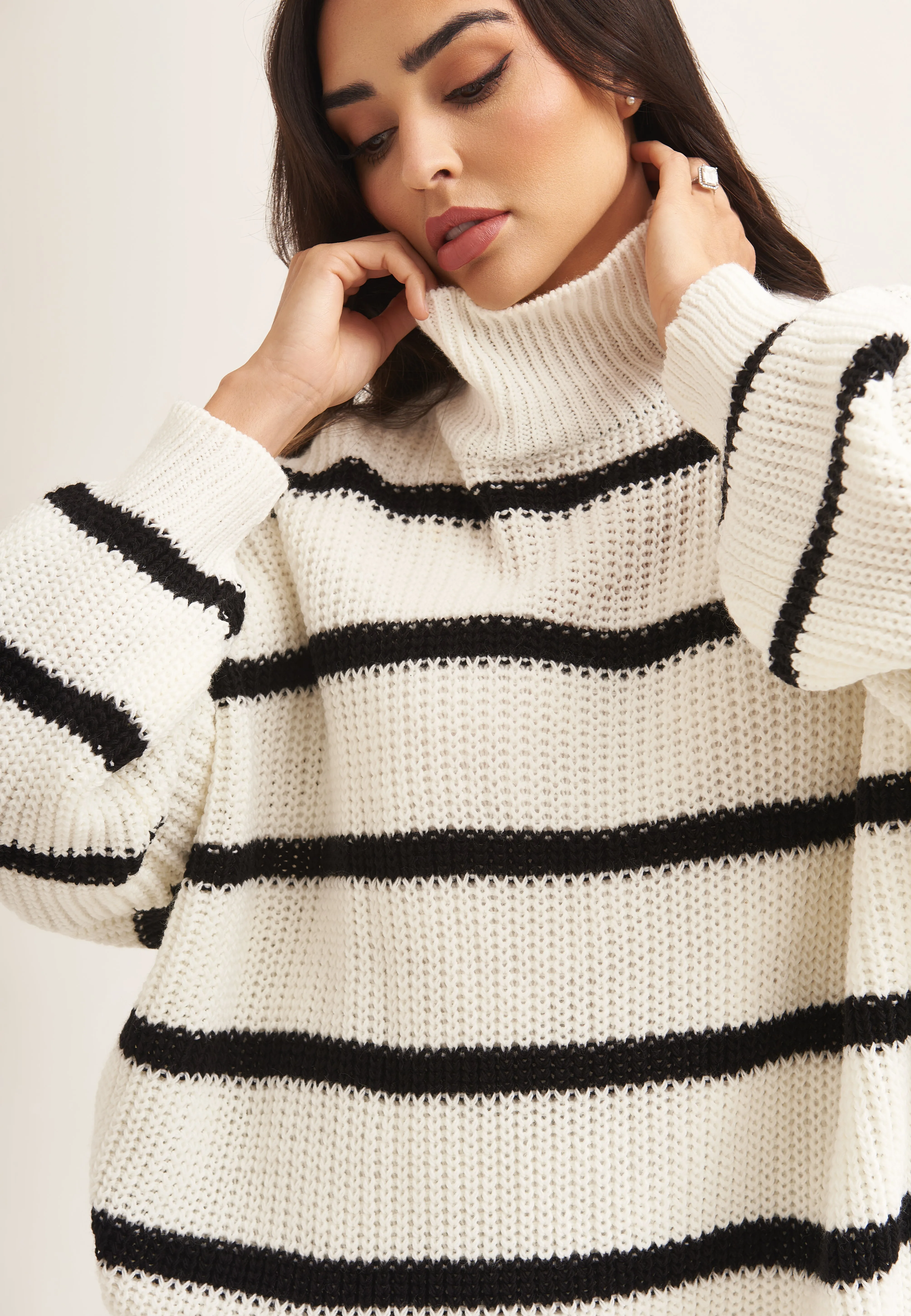 Cream Chunky Knit High Neck Jumper