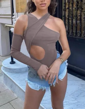 Cut out one sleeve bodysuit Stretchy Tops