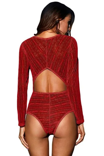 Deep V Neck Long Sleeve Bodysuit with Open Back