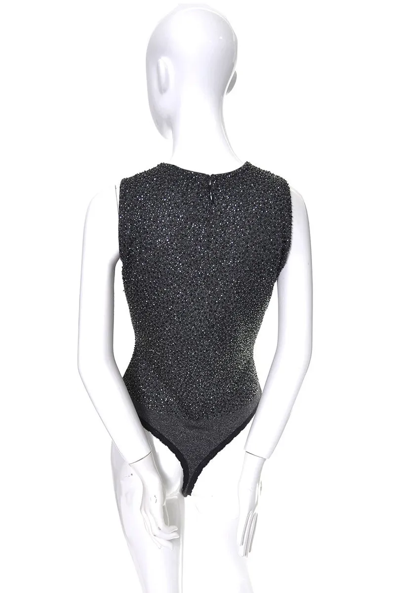 Donna Karan Black Label 1990s Beaded Sleeveless Bodysuit Top Large