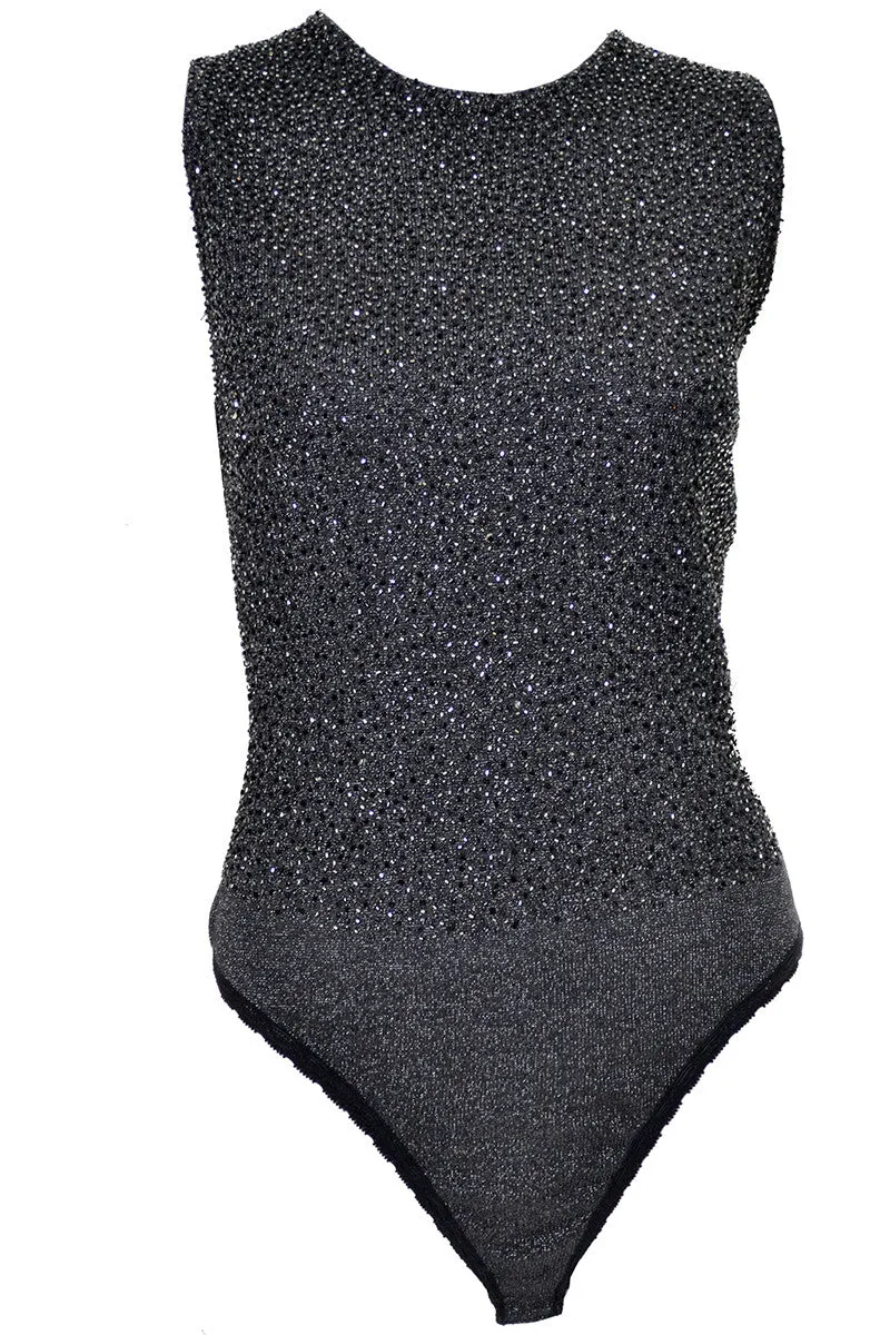 Donna Karan Black Label 1990s Beaded Sleeveless Bodysuit Top Large