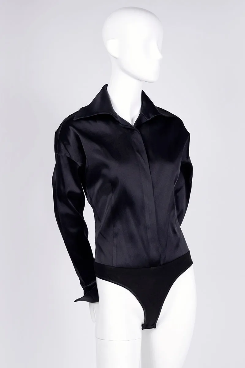 Donna Karan Vintage Bodysuit Blouse in Black Silk Blend with French Cuffs