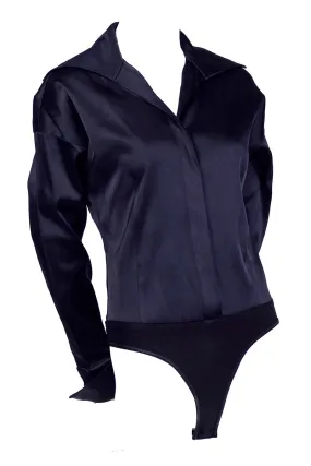 Donna Karan Vintage Bodysuit Blouse in Black Silk Blend with French Cuffs