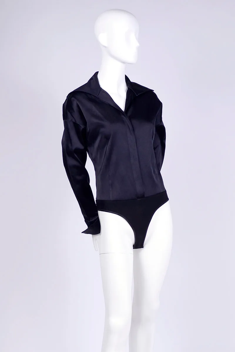 Donna Karan Vintage Bodysuit Blouse in Black Silk Blend with French Cuffs