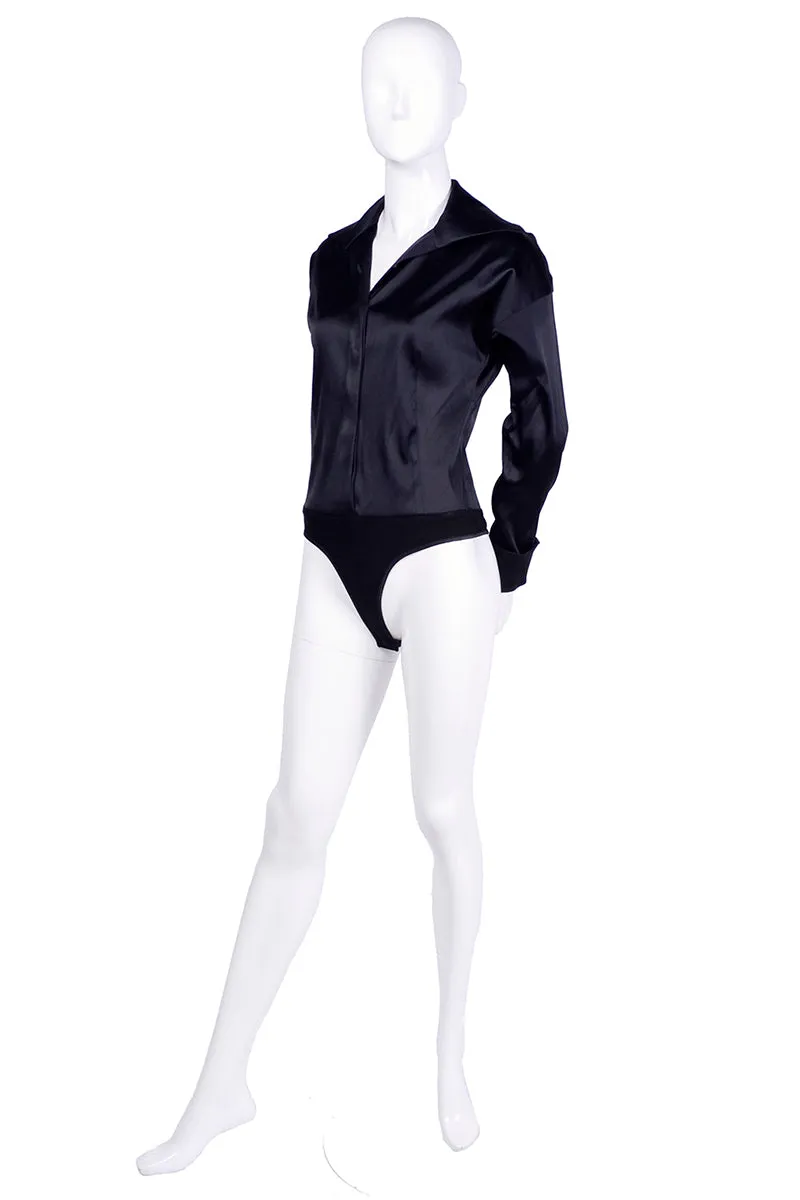 Donna Karan Vintage Bodysuit Blouse in Black Silk Blend with French Cuffs