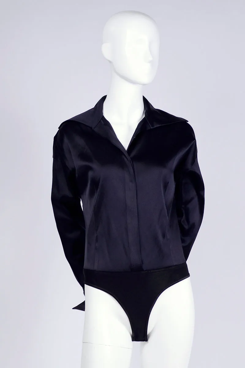 Donna Karan Vintage Bodysuit Blouse in Black Silk Blend with French Cuffs