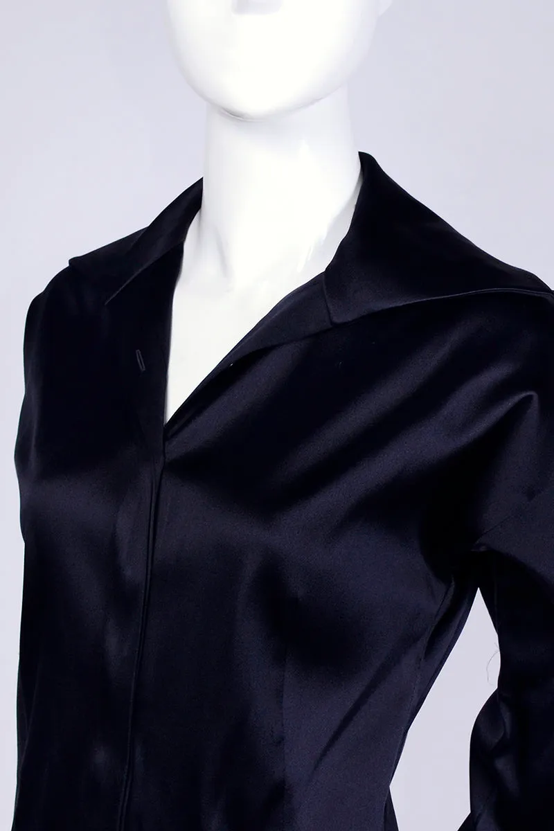 Donna Karan Vintage Bodysuit Blouse in Black Silk Blend with French Cuffs