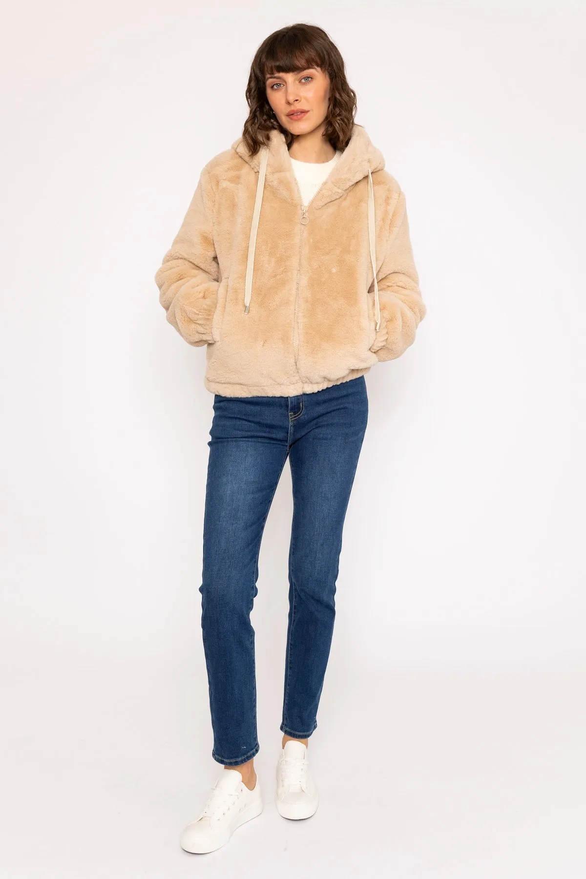 Ecru Hooded Faux Fur Bomber Jacket