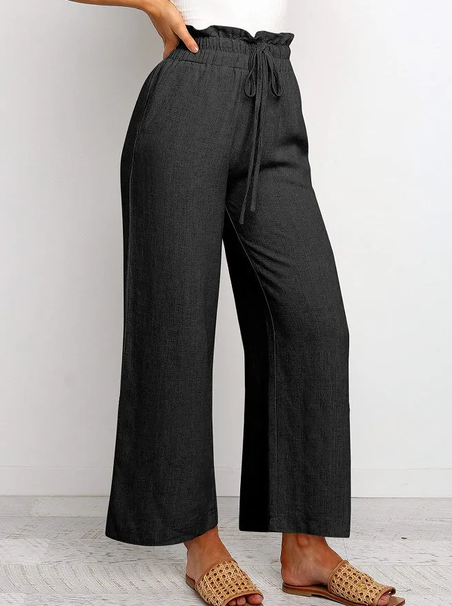 Elastic light Waistband Lace-up Wide Leg Pants Solid Color Cropped for women