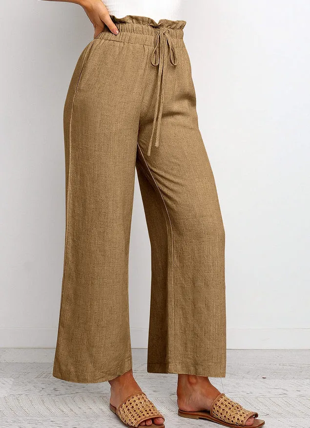 Elastic light Waistband Lace-up Wide Leg Pants Solid Color Cropped for women