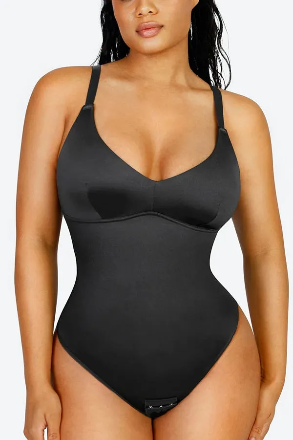 Elegant Satin Shimmer Black Contoured Shaping Bodysuit