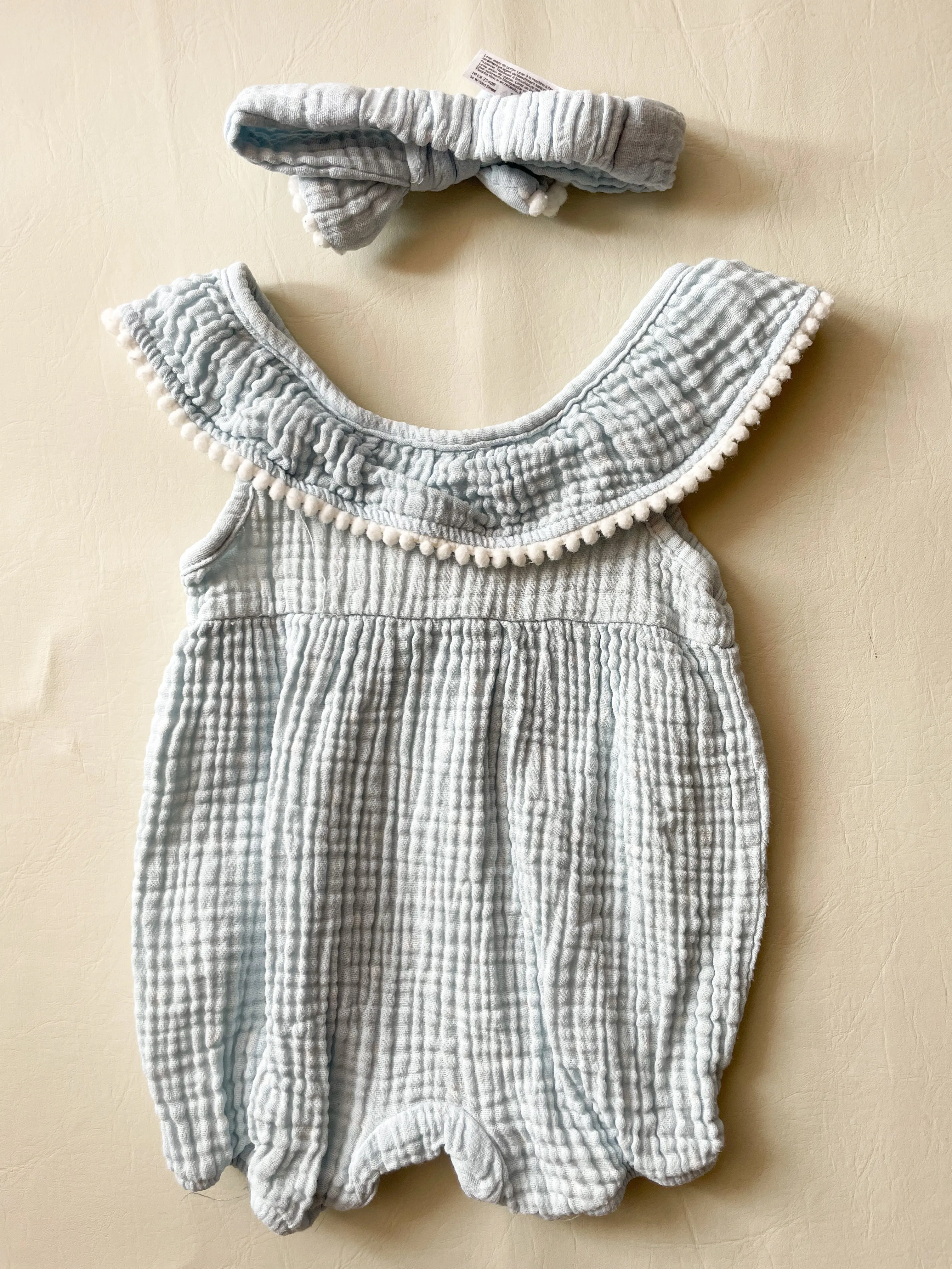 Emily and Oliver Cotton Muslin Pale Blue Bodysuit Set with Bow Headband - 0-3 Months