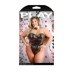 Fantasy Lingerie Play High Roller Costume Sequined Bodysuit With Molded Cups, Snap Closure, & Bowtie Collar Gold 3XL/4XL