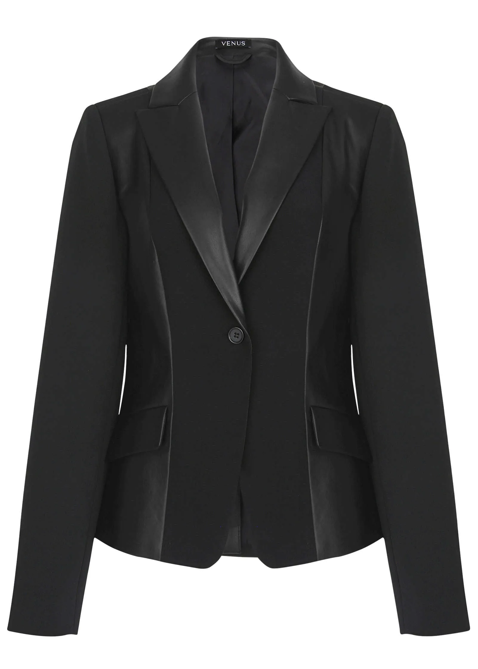 Faux Leather Detail Blazer - Black