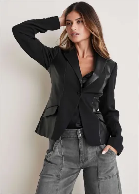 Faux Leather Detail Blazer - Black