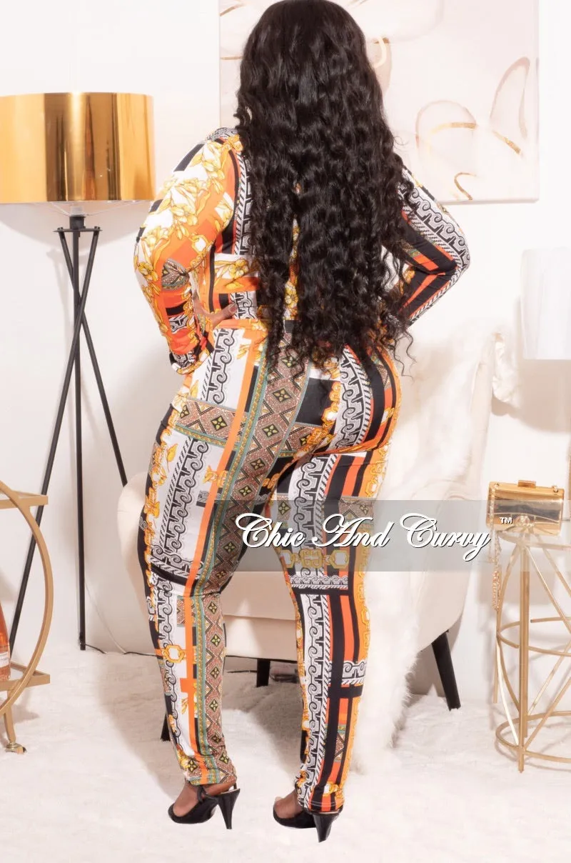 Final Sale Plus Size 2pc (Bodysuit & Pants) Set in Orange Gold Print