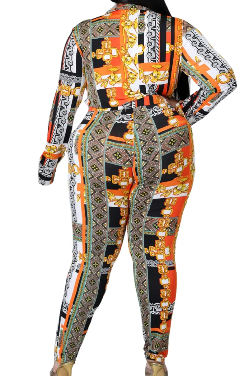 Final Sale Plus Size 2pc (Bodysuit & Pants) Set in Orange Gold Print