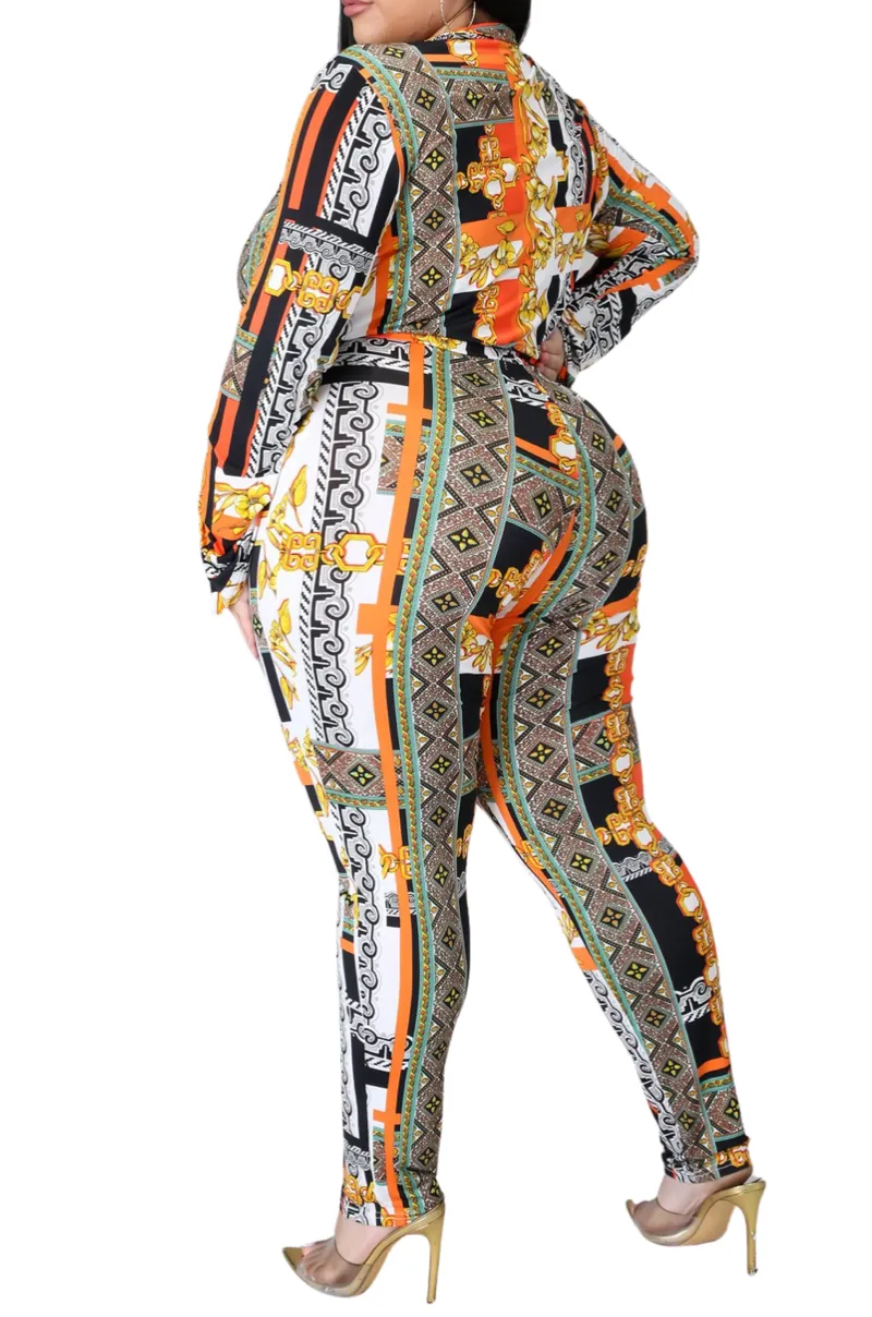 Final Sale Plus Size 2pc (Bodysuit & Pants) Set in Orange Gold Print