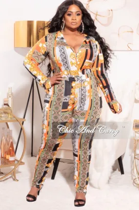 Final Sale Plus Size 2pc (Bodysuit & Pants) Set in Orange Gold Print