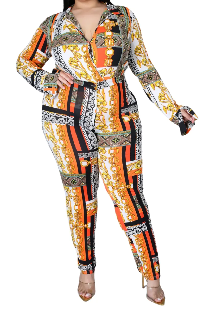 Final Sale Plus Size 2pc (Bodysuit & Pants) Set in Orange Gold Print