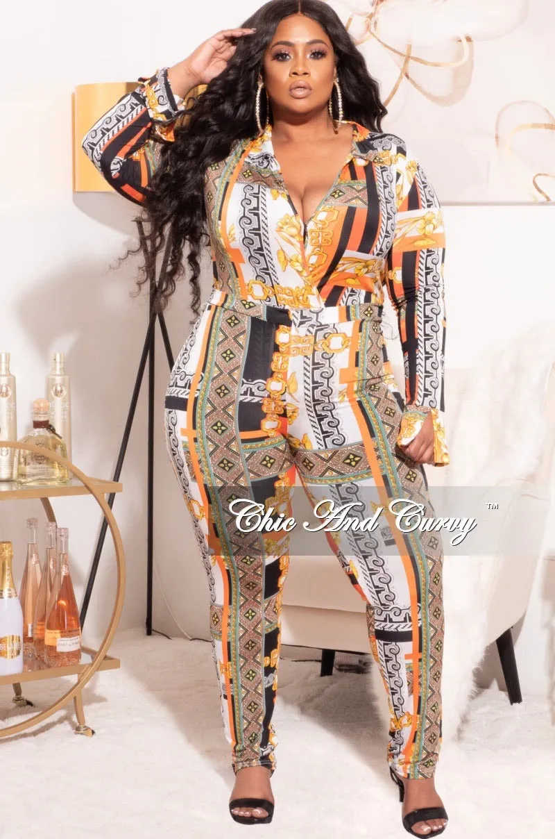 Final Sale Plus Size 2pc (Bodysuit & Pants) Set in Orange Gold Print