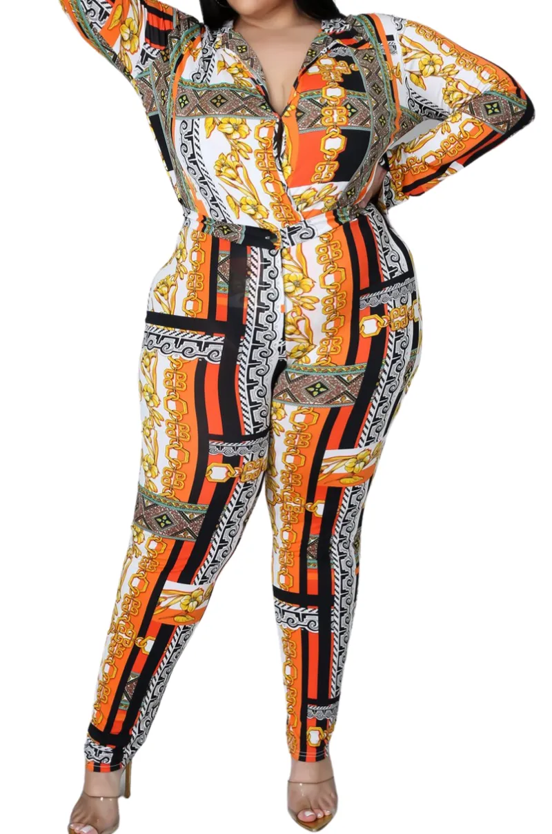 Final Sale Plus Size 2pc (Bodysuit & Pants) Set in Orange Gold Print