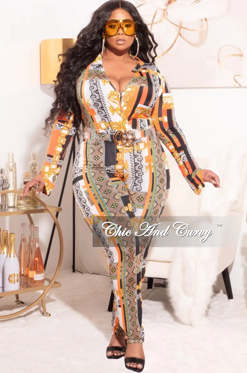 Final Sale Plus Size 2pc (Bodysuit & Pants) Set in Orange Gold Print