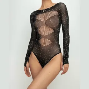 Fishnet solid beaded long sleeve gloves round neck bodysuit