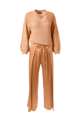 Flare Pleated Belted Pants In Copper