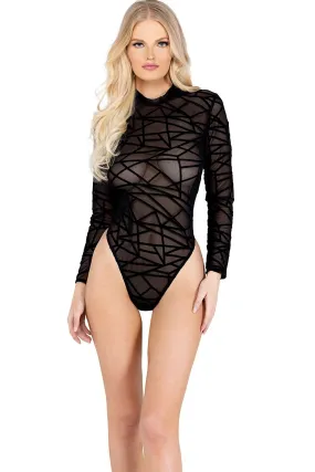 Flocking Detailed Sheer Mesh Bodysuit with Zipper Closure