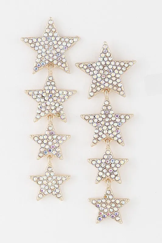 Four-Star Rhinestone Dangle Earrings - AB