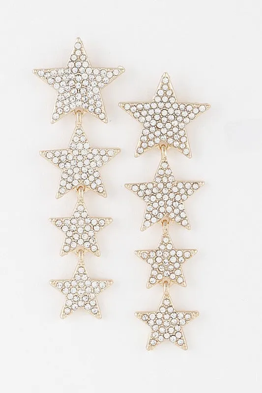 Four-Star Rhinestone Dangle Earrings - Gold